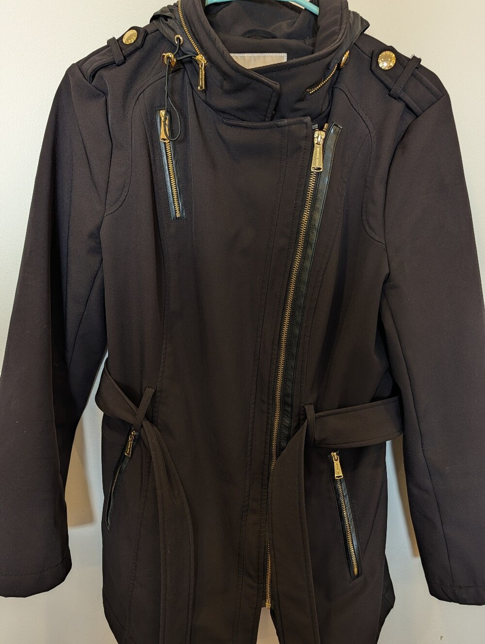 Michael Kors Black Softshell Hooded Belted Utility Jacket Coat Medium - Picture 3 of 9